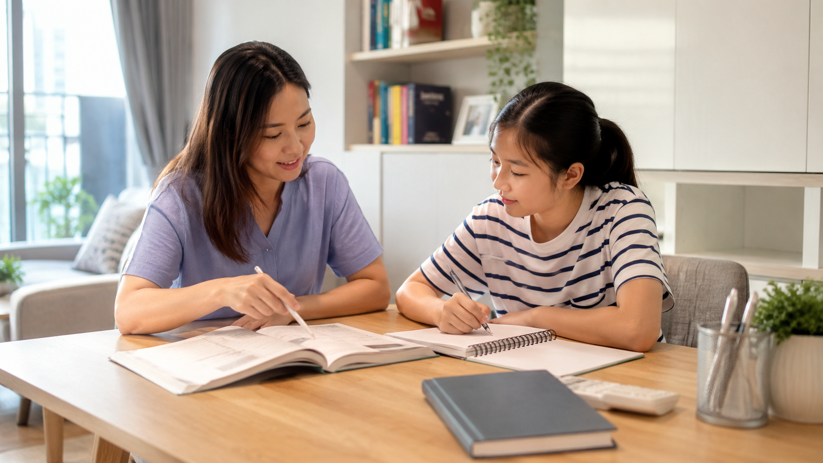 Home tutor helping a student during a tuition lesson in Singapore